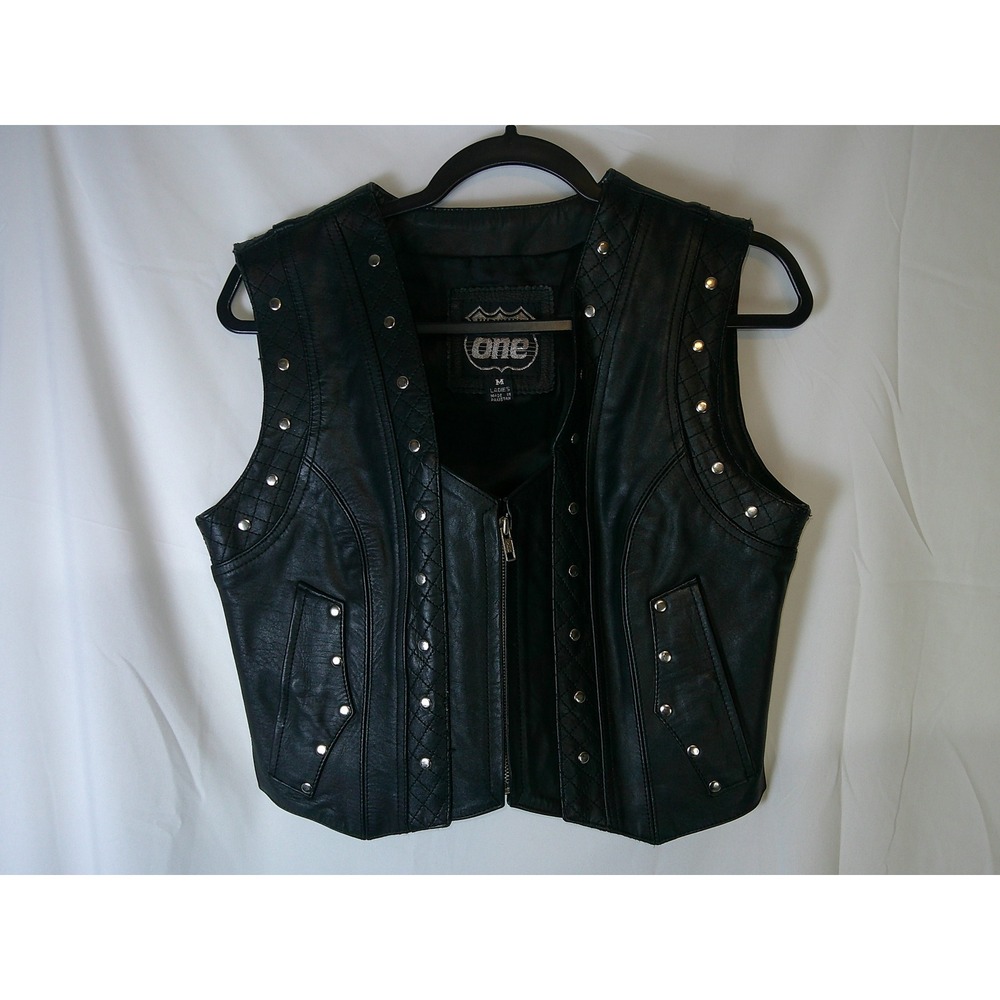Highway One Womens Black Leather Studded Fringe Motorcycle Biker Vest Medium
